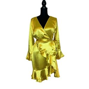 Alexa B Nites Metallic Gold Long Flared Sleeve Ruffled Layers MIDI Silky Satin